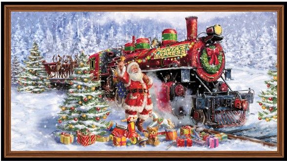 SLIGHT DAMAGE - Quilting Fabric Panel - Christmas Santa Train from Santa's Night Out by Marcello Corti for Quilting Treasures 28395X