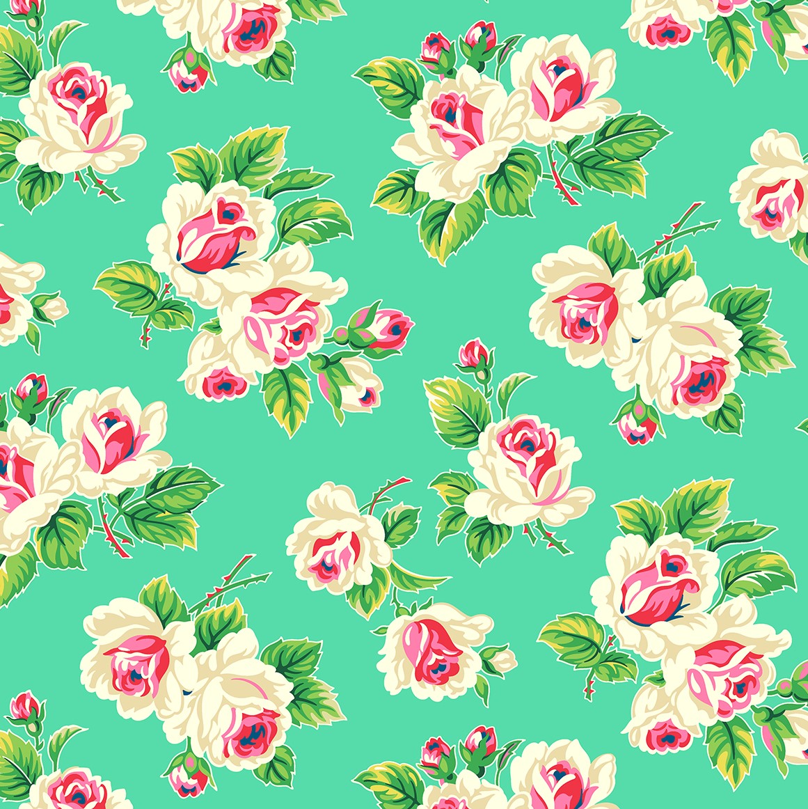 Quilting Fabric with Roses on Turquoise Green from True Kisses by Heather Bailey for Figo 90364 64