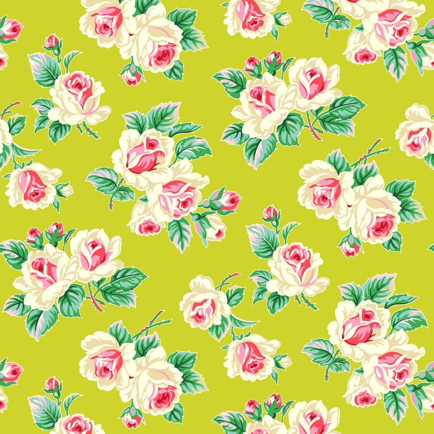 Quilting Fabric with Roses on Chartreuse Green from True Kisses by Heather Bailey for Figo 90364 64