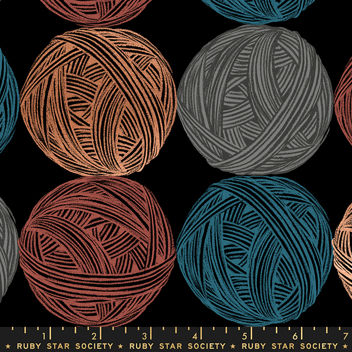 REMNANT - 0.45m - Cotton Canvas Fabric - Balls of Yarn on Black with Metallic Accents from Purl by Sarah Watts for Ruby Star Society RS2039 17LM