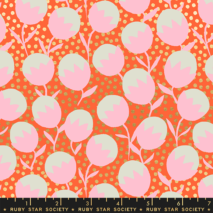 Quilting Fabric - Flowers on Orange with Metallic Accents from Purl Wanderlust Florida by Sarah Watts for Ruby Star Society RS2034 - 12M