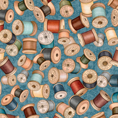 Quilting Fabric - Spools of Thread on Blue from Sew Lovely by Dan Morris for Quilting Treasures 28378 B