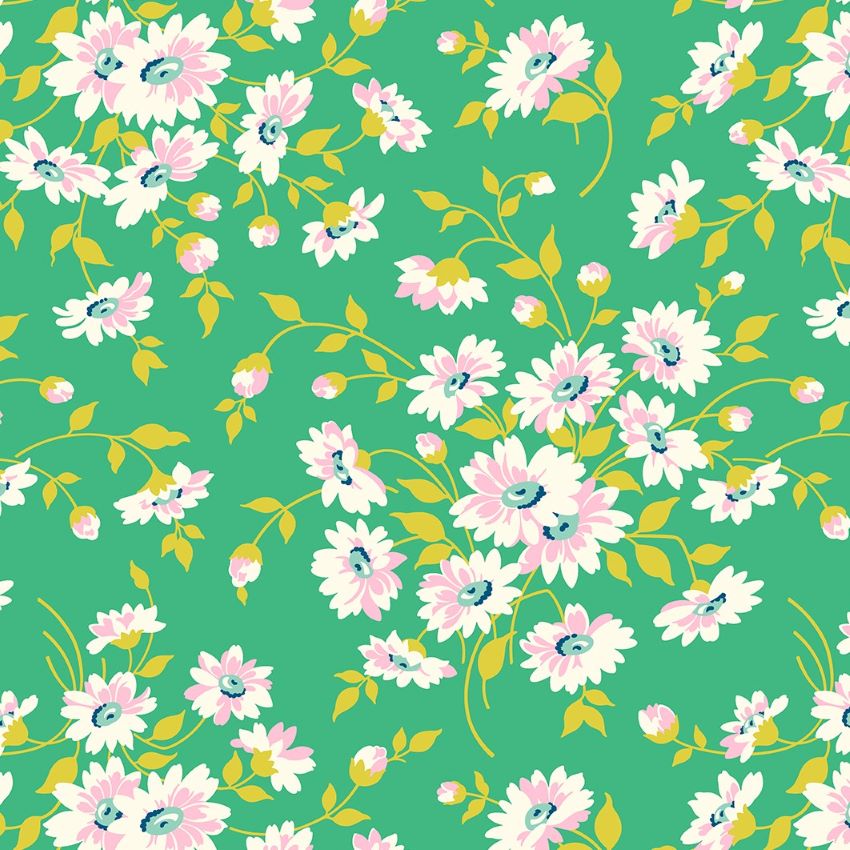 Quilting Fabric with Daisies on Green from True Kisses by Heather Bailey for Figo 90365 65
