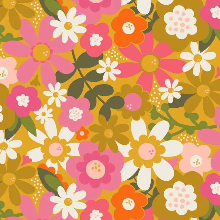 Cotton Canvas Fabric - Retro Floral on Ochre Yellow from Joyful June by Sarah Hearts for Figo C91110-55