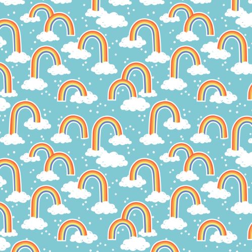 Quilting Fabric with Rainbows on Blue from Rainbowsaurus by Elizabeth Silver for Camelot Fabrics