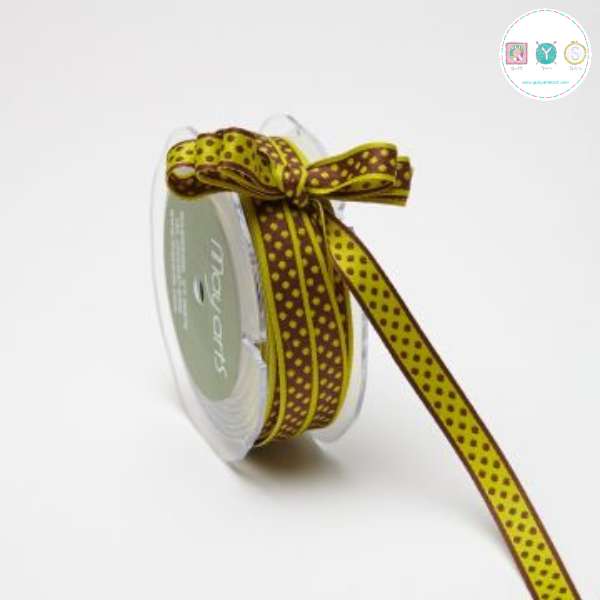 10mm Dotty Woven Reversible Ribbon in Green & Brown