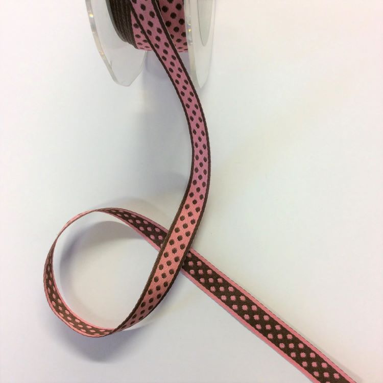 10mm Dotty Woven Reversible Ribbon in Pink & Brown