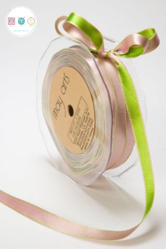 10mm Reversible Satin Ribbon in Pink and Green