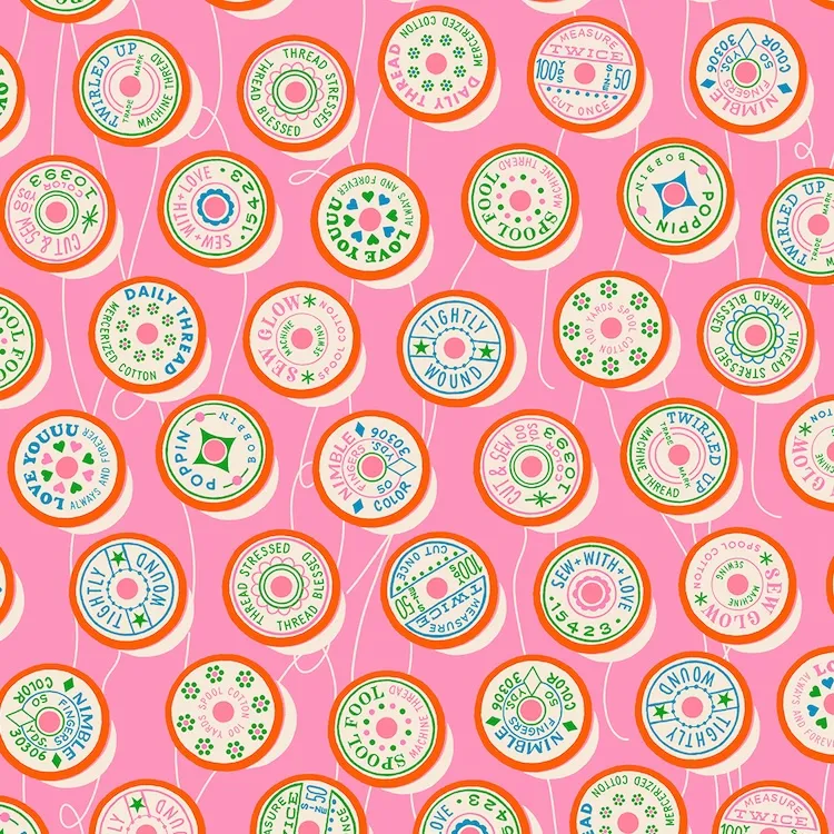 Quilting Fabric - Spool Tops on Pink from Trinketry by Melody Miller for Ruby Star Society RS0111 17