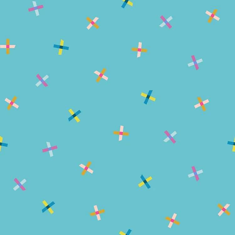Quilting Fabric - Crosses on Turquoise Blue from Washi Plus by Rashida Coleman Hale for Ruby Star RS1103 15