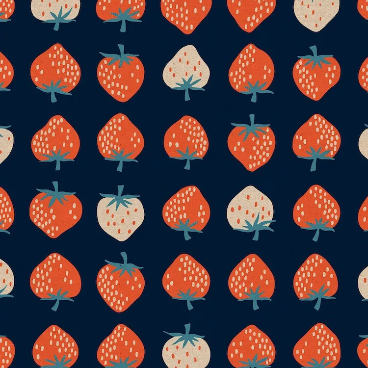 Cotton Linen Canvas - Strawberries on Navy Blue by Kimberly Kight for Ruby Star Society RS3087 18L
