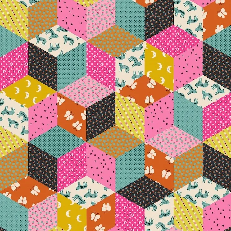 Cotton Linen Canvas - Patchwork Cheater Turquoise from Ooh Lucky Lucky by Alexia Abegg for Ruby Star Society RS4120 15L
