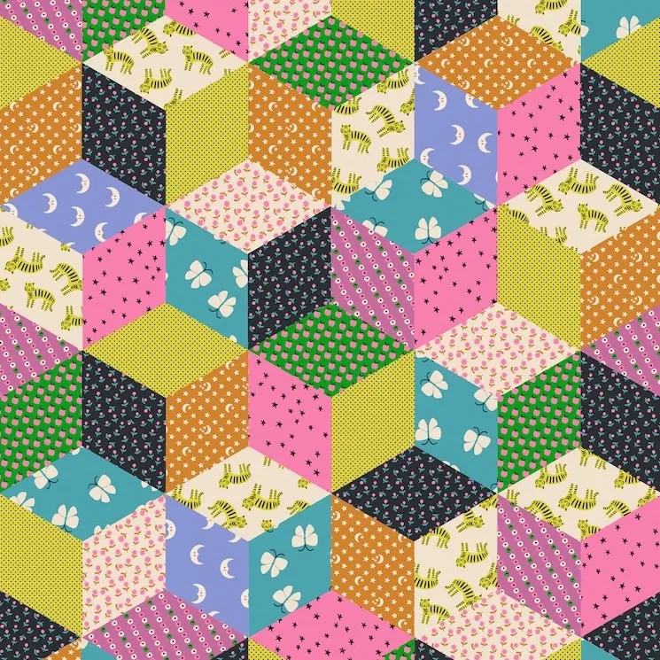 Cotton Linen Canvas - Patchwork Cheater Citron from Ooh Lucky Lucky by Alexia Abegg for Ruby Star Society RS4120 18L