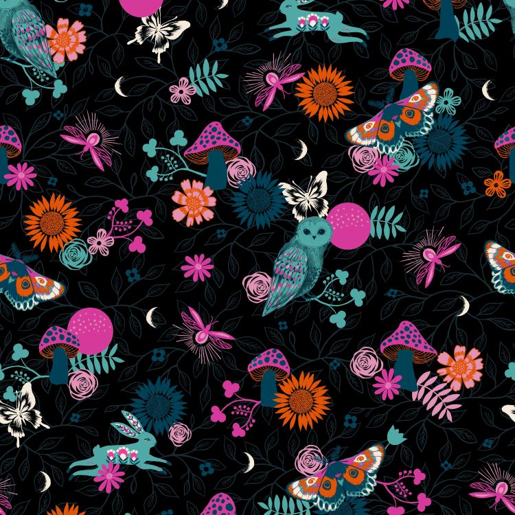 Quilting Fabric - Owls, Rabbits and Moths on Black from Firefly by Sarah Watts for Ruby Star Society RS2066 13