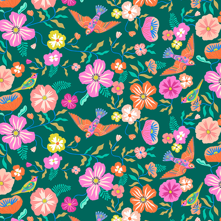 Rayon Fabric with  Floral and Bird Pattern on Green by Dashwood Studios