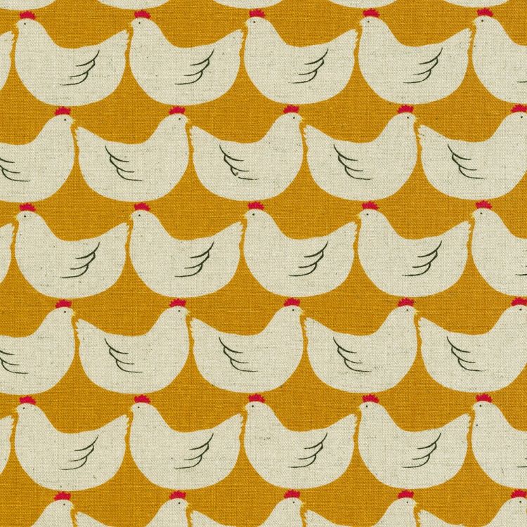 Cotton Linen Canvas Fabric with White Hens on a Golden Yellow by Sevenberry