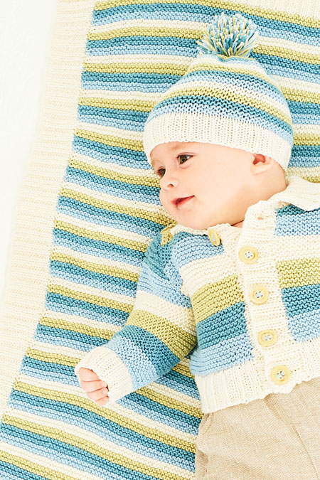 Knitting Pattern - Double Knit Striped Baby Cardigan, Hat & Blanket by Stylecraft - 9831