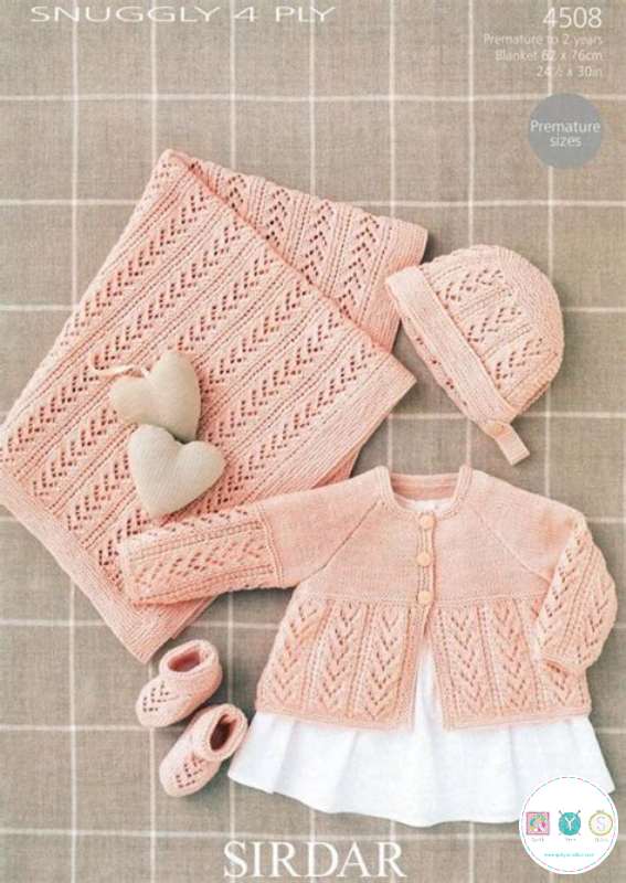 Sirdar 4508 - Babies Coat, Bonnet, Bootees & Blanket in Snuggly 4 Ply - Knitting Pattern