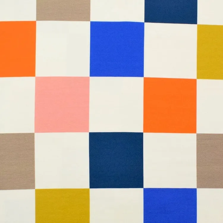 Organic Cotton Summer Sweat Fabric with Big Square Checks On Cream