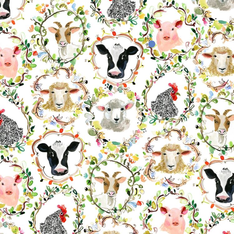 Quilting Fabric - Animal Gallery on White from Hay There by August Wren Collection for Dear Stella DJL2248