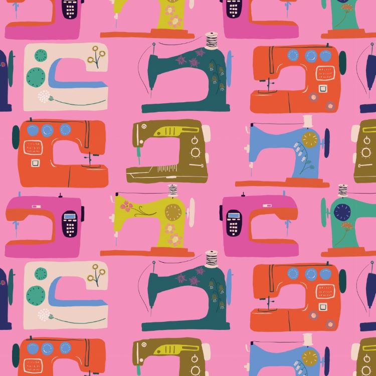 Quilting Fabric - Sewing Machines on Pink from Stitch & Sew by Louise Cunningham for Dashwood Studios 2386