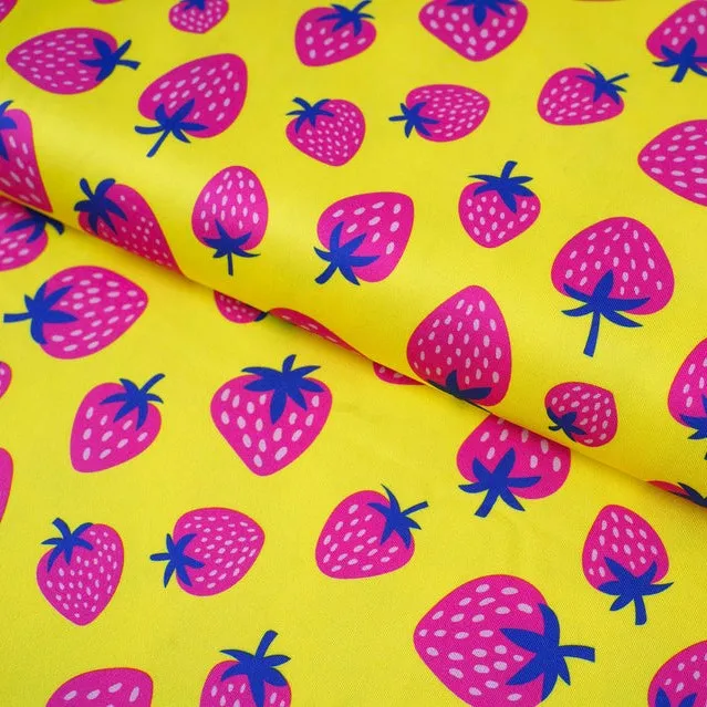 UPF 150 Swimwear Recycled Fabric with Strawberries on Yellow