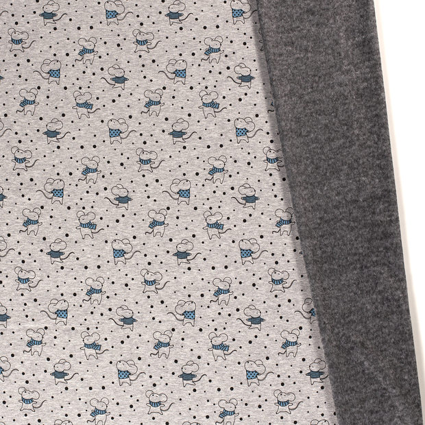 Alpen Fleece Sweatshirt Fabric with Mice on Grey 