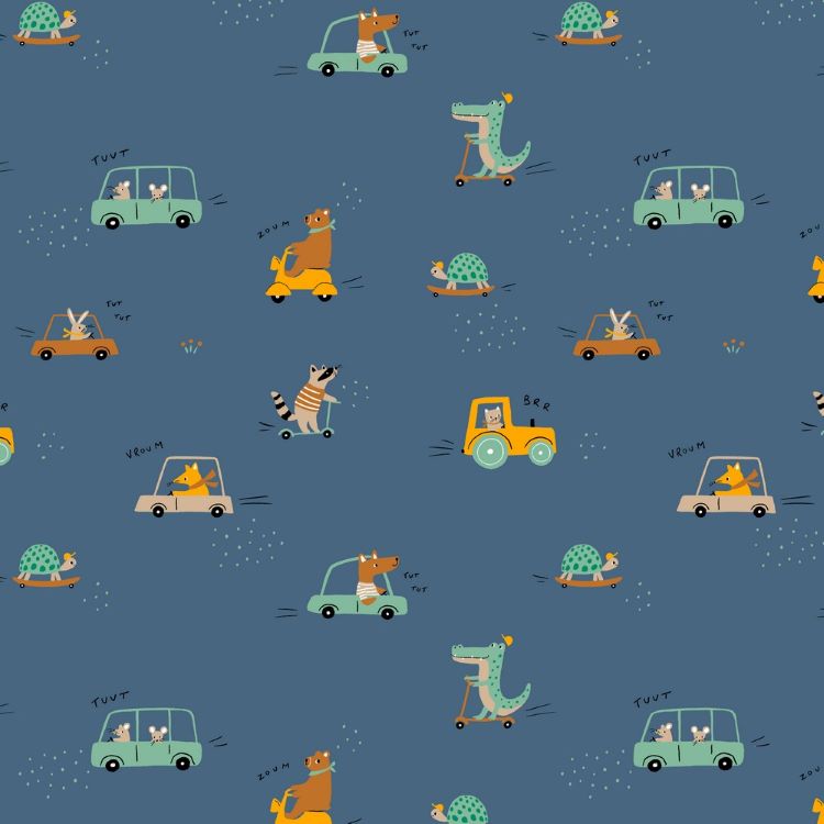 Cotton Poplin Fabric in Blue with Animals in Cars