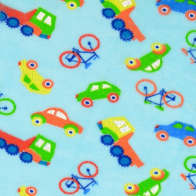 Dressmaking Fabric - Blue Nicki Velour with Cars and Trucks