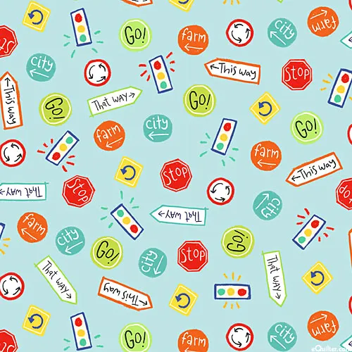 Quilting Fabric - Road Signs on Blue from Vroom Vroom by Quilting Treasures 30828-Q