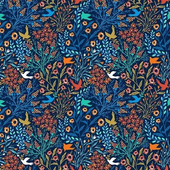 Quilting Fabric - Birds and Floral Branches on Navy Blue from Whimsy by Jason Yenter for In The Beginning 9WMS-1