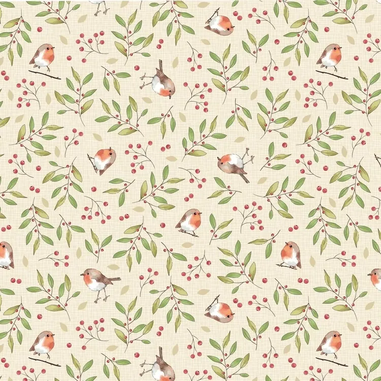Quilting Fabric - Robins and Twigs on Cream from Yuletide Burrow by The Craft Cotton Company 3791-05